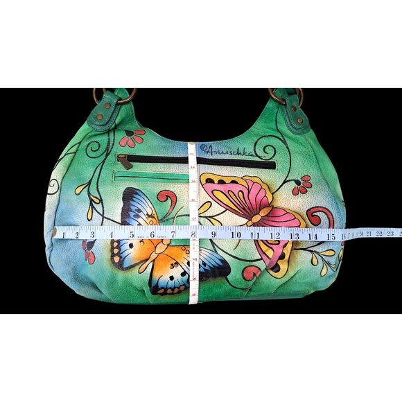 Anuschka Purse Leather Shoulder Bag Large Satchel Hobo Butterfly Floral Green - Picture 13 of 15